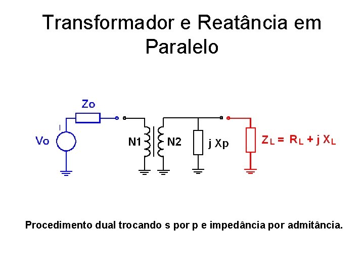 Transformador e Reatância em Paralelo Procedimento dual trocando s por p e impedância por