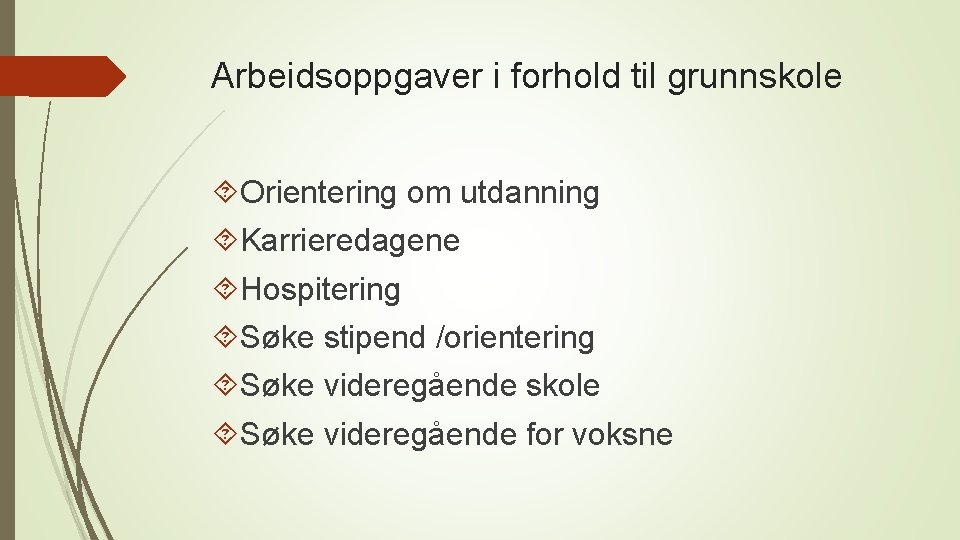 Arbeidsoppgaver i forhold til grunnskole Orientering om utdanning Karrieredagene Hospitering Søke stipend /orientering Søke