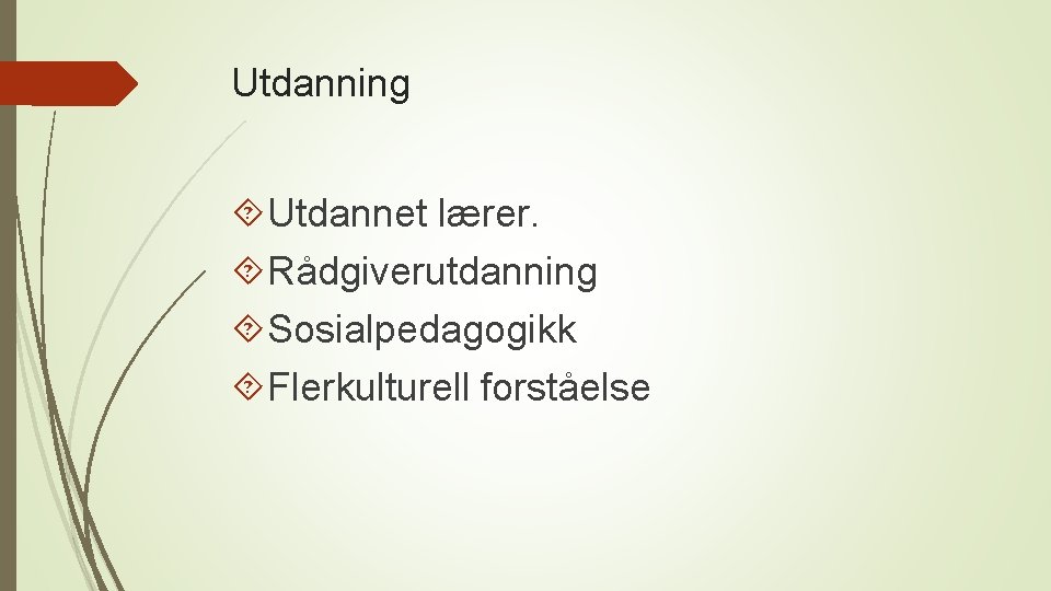 Utdanning Utdannet lærer. Rådgiverutdanning Sosialpedagogikk Flerkulturell forståelse 