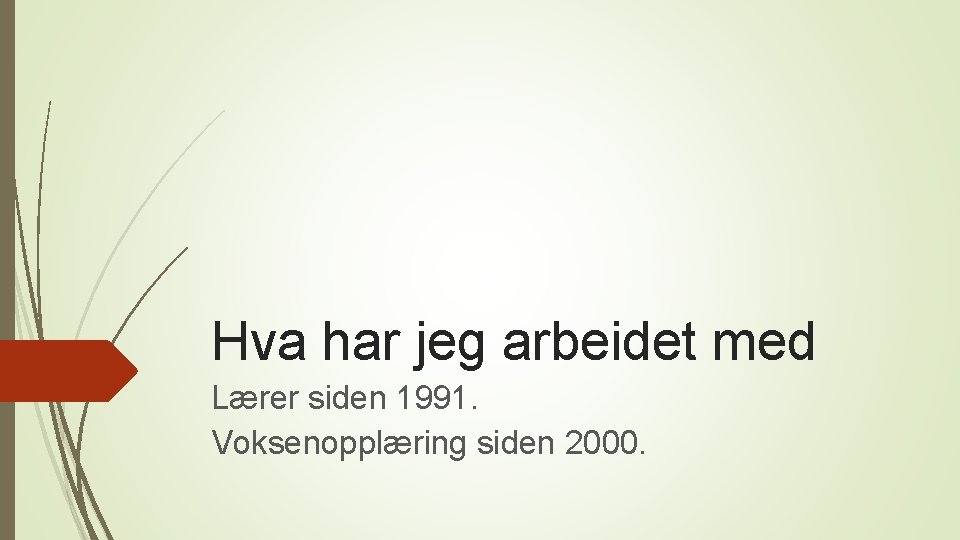 Hva har jeg arbeidet med Lærer siden 1991. Voksenopplæring siden 2000. 