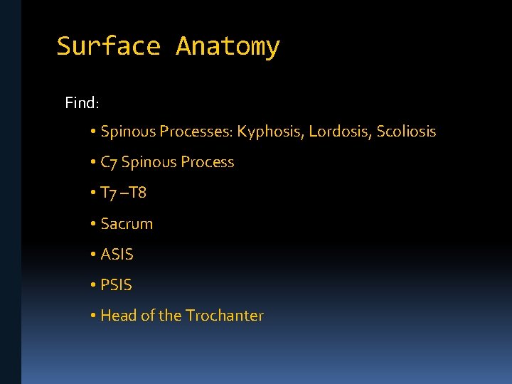Surface Anatomy Find: • Spinous Processes: Kyphosis, Lordosis, Scoliosis • C 7 Spinous Process