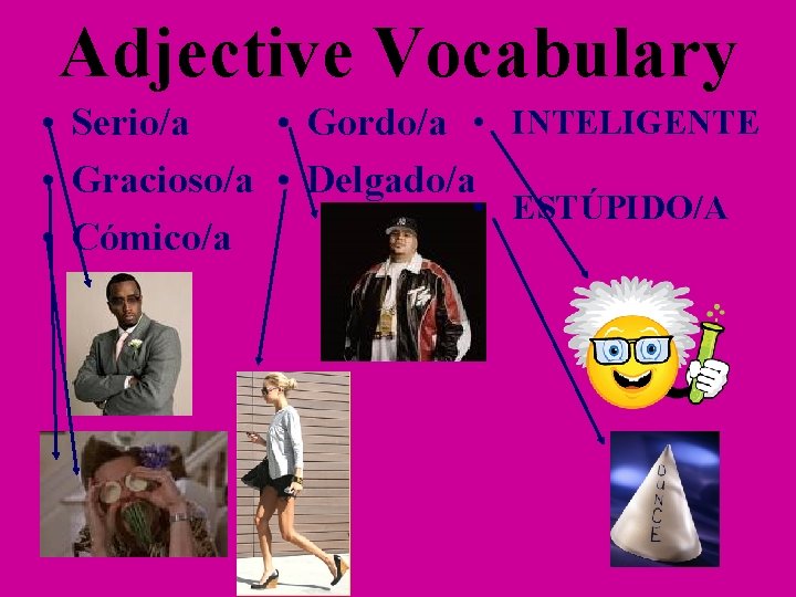 Adjective Vocabulary • Gordo/a • INTELIGENTE • Serio/a • Gracioso/a • Delgado/a • ESTÚPIDO/A