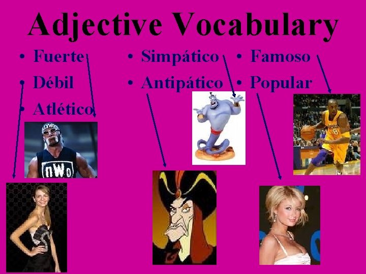 Adjective Vocabulary • Fuerte • Débil • Atlético • Simpático • Famoso • Antipático