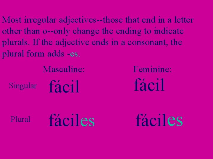 Most irregular adjectives--those that end in a letter other than o--only change the ending