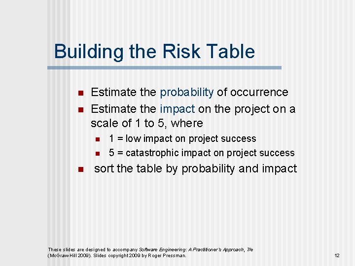 Building the Risk Table n n Estimate the probability of occurrence Estimate the impact