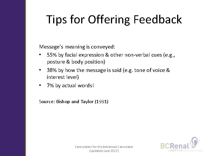 Tips for Offering Feedback Message’s meaning is conveyed: • 55% by facial expression &