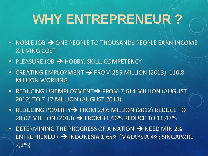 WHY ENTREPRENEUR ? • NOBLE JOB ONE PEOPLE TO THOUSANDS PEOPLE EARN INCOME &