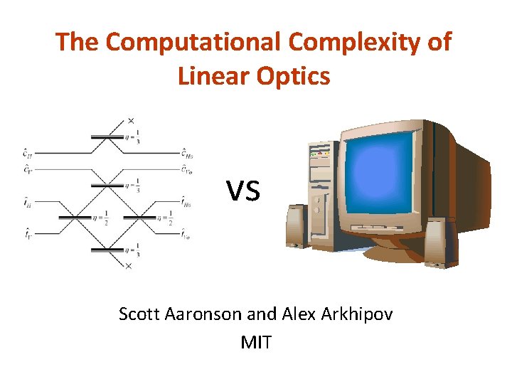 The Computational Complexity of Linear Optics vs Scott Aaronson and Alex Arkhipov MIT The Computational Complexity of Linear Optics vs Scott Aaronson and Alex Arkhipov MIT