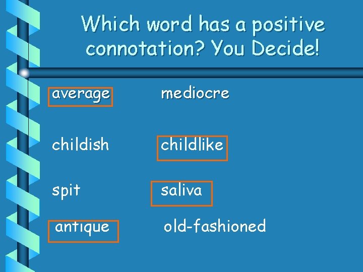 Which word has a positive connotation? You Decide! average mediocre childish childlike spit saliva