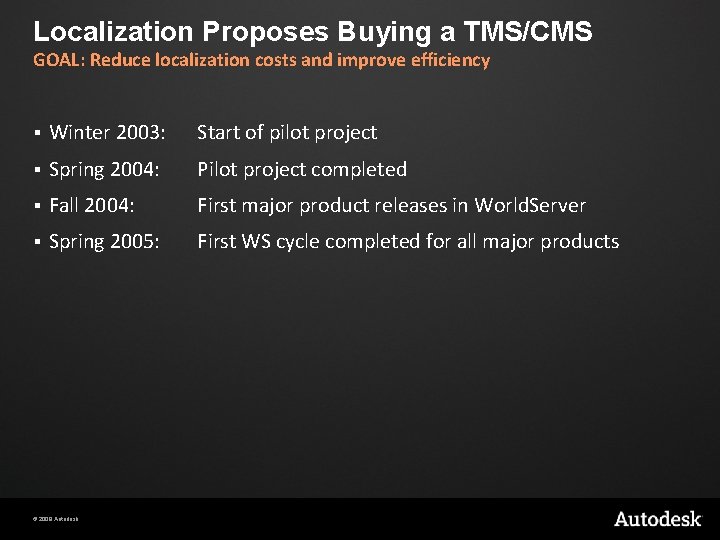 Localization Proposes Buying a TMS/CMS GOAL: Reduce localization costs and improve efficiency § Winter Localization Proposes Buying a TMS/CMS GOAL: Reduce localization costs and improve efficiency § Winter