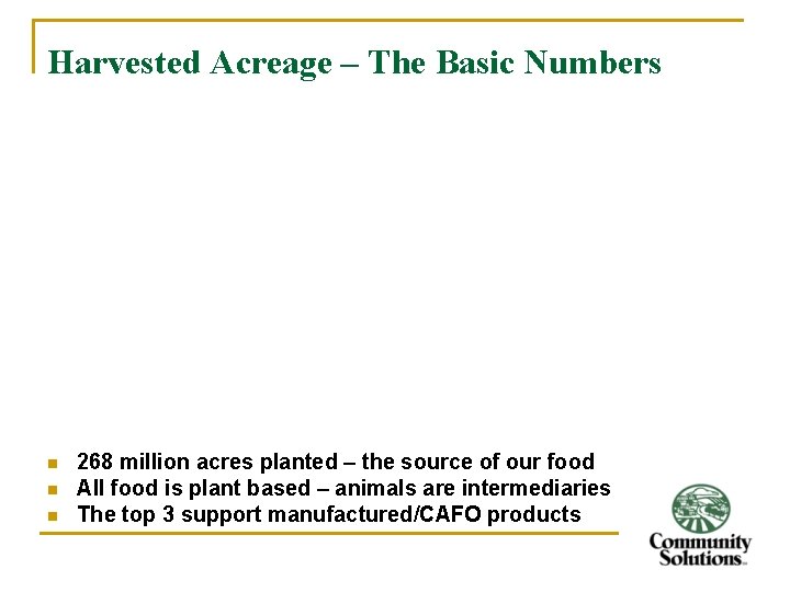 Harvested Acreage – The Basic Numbers n n n 268 million acres planted –