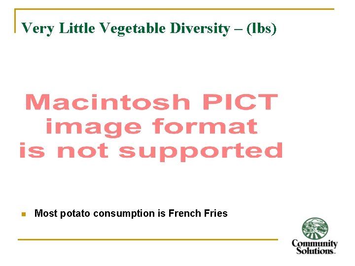 Very Little Vegetable Diversity – (lbs) n Most potato consumption is French Fries 