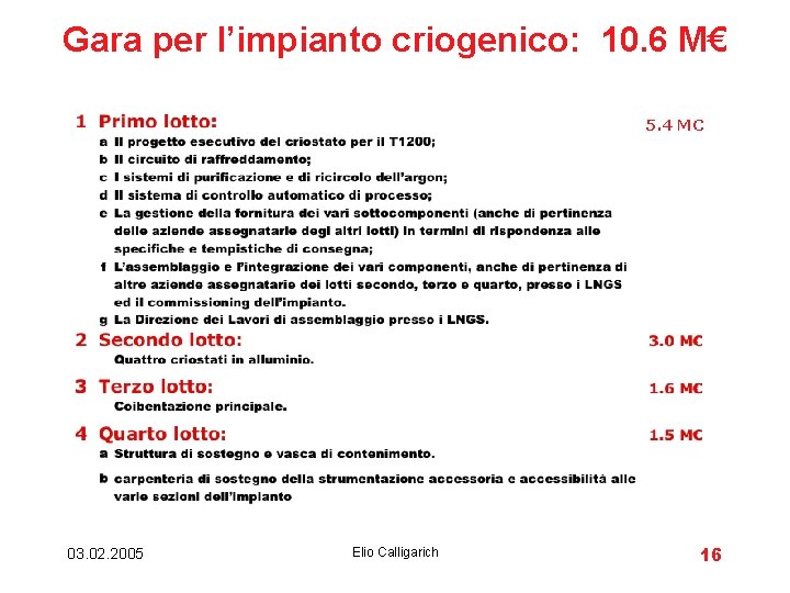 Gara per l’impianto criogenico: 10. 6 M€ 5. 4 MC 03. 02. 2005 Elio