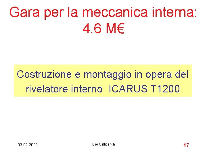 Gara per la meccanica interna: 4. 6 M€ Costruzione e montaggio in opera del