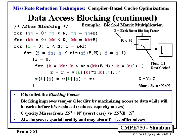 Miss Rate Reduction Techniques: Compiler-Based Cache Optimizations Data Access Blocking (continued) Example: Blocked Matrix