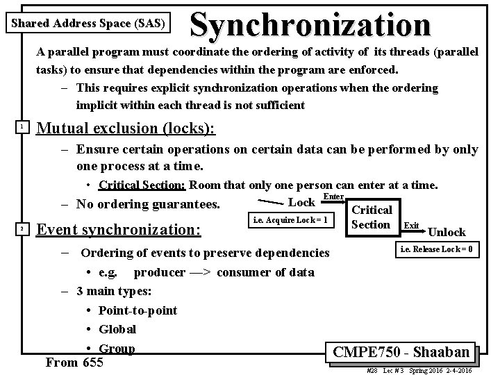 Shared Address Space (SAS) Synchronization A parallel program must coordinate the ordering of activity