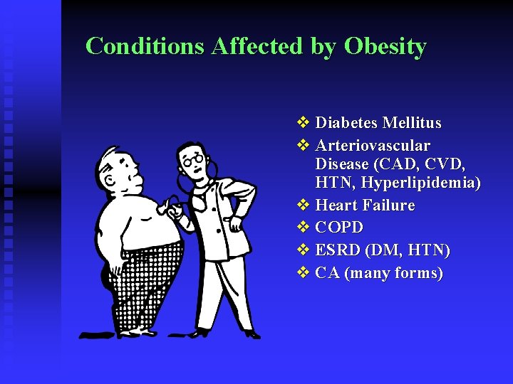 Conditions Affected by Obesity v Diabetes Mellitus v Arteriovascular Disease (CAD, CVD, HTN, Hyperlipidemia)