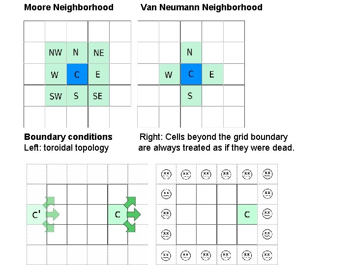 Moore Neighborhood Van Neumann Neighborhood Boundary conditions Right: Cells beyond the grid boundary Left: