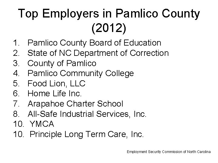 Top Employers in Pamlico County (2012) 1. Pamlico County Board of Education 2. State