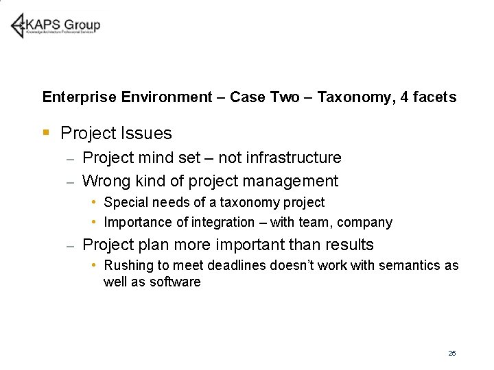Enterprise Environment – Case Two – Taxonomy, 4 facets § Project Issues Project mind