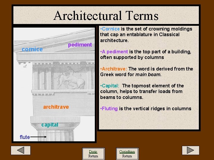 Architectural Terms pediment cornice • Cornice is the set of crowning moldings that cap