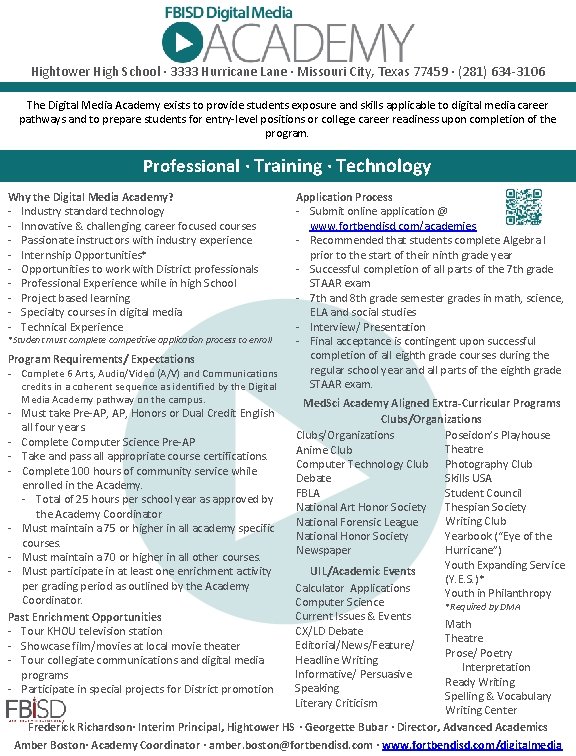 Hightower High School ∙ 3333 Hurricane Lane ∙ Missouri City, Texas 77459 ∙ (281)
