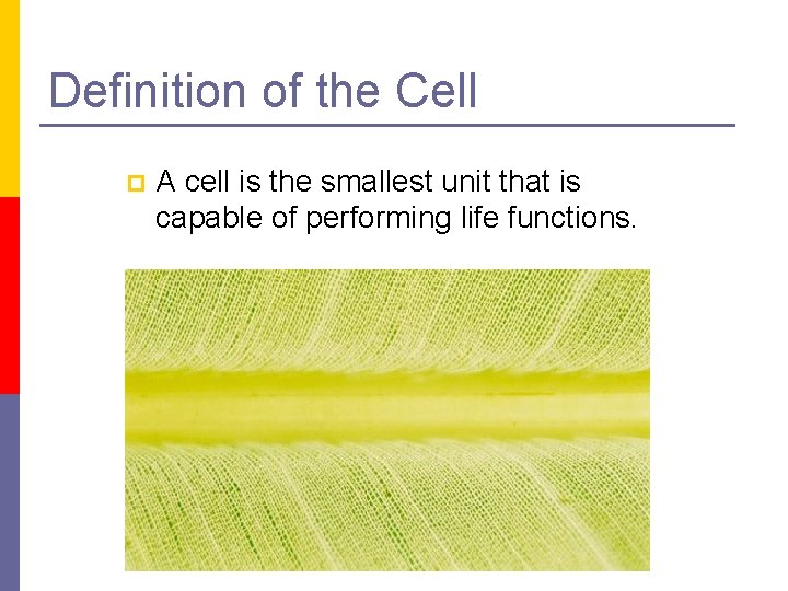 Definition of the Cell p A cell is the smallest unit that is capable