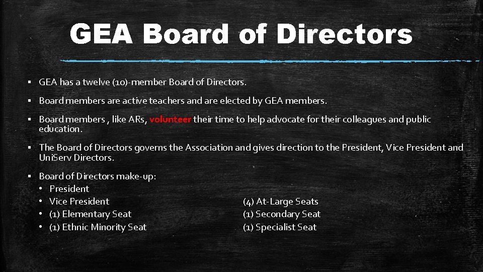 GEA Board of Directors ▪ GEA has a twelve (10)-member Board of Directors. ▪ GEA Board of Directors ▪ GEA has a twelve (10)-member Board of Directors. ▪