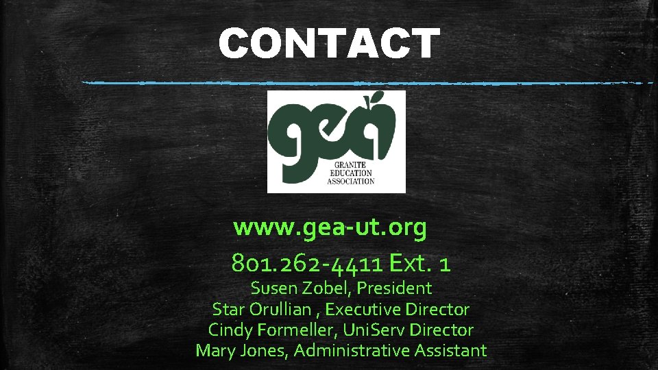 CONTACT www. gea-ut. org 801. 262 -4411 Ext. 1 Susen Zobel, President Star Orullian CONTACT www. gea-ut. org 801. 262 -4411 Ext. 1 Susen Zobel, President Star Orullian