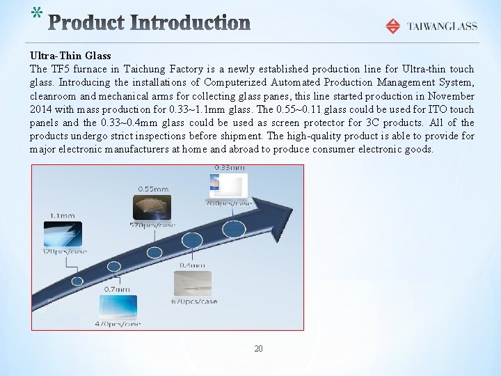 * Ultra-Thin Glass The TF 5 furnace in Taichung Factory is a newly established