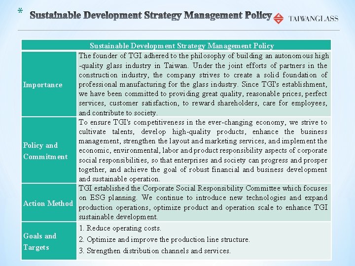 * Sustainable Development Strategy Management Policy The founder of TGI adhered to the philosophy