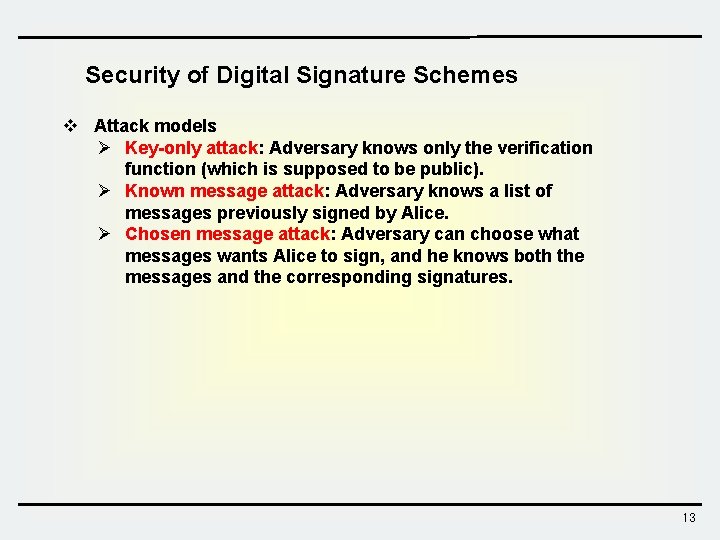 Security of Digital Signature Schemes v Attack models Ø Key-only attack: Adversary knows only