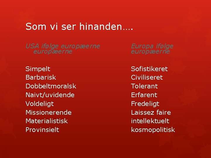 Som vi ser hinanden…. USA ifølge europæerne Europa ifølge europæerne Simpelt Barbarisk Dobbeltmoralsk Naivt/uvidende