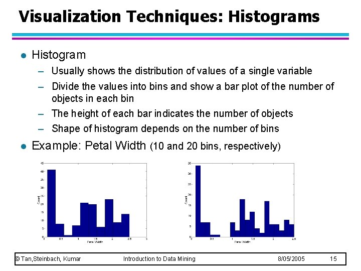 Visualization Techniques: Histograms l Histogram – Usually shows the distribution of values of a Visualization Techniques: Histograms l Histogram – Usually shows the distribution of values of a