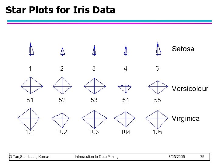 Star Plots for Iris Data Setosa Versicolour Virginica © Tan, Steinbach, Kumar Introduction to Star Plots for Iris Data Setosa Versicolour Virginica © Tan, Steinbach, Kumar Introduction to