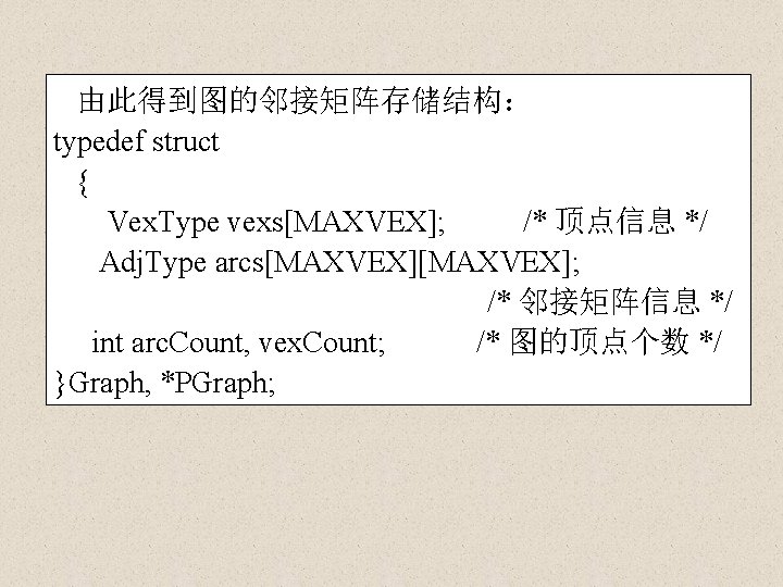 由此得到图的邻接矩阵存储结构： typedef struct { Vex. Type vexs[MAXVEX]; /* 顶点信息 */ Adj. Type arcs[MAXVEX]; /*