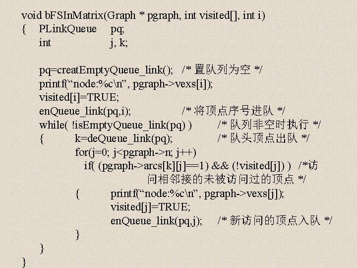 void b. FSIn. Matrix(Graph * pgraph, int visited[], int i) { PLink. Queue pq;