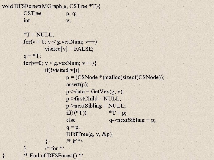 void DFSForest(MGraph g, CSTree *T){ CSTree p, q; int v; } *T = NULL;