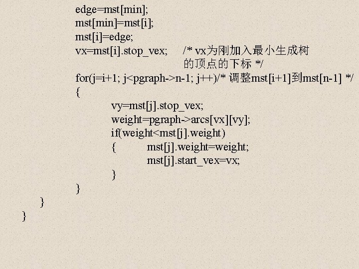 edge=mst[min]; mst[min]=mst[i]; mst[i]=edge; vx=mst[i]. stop_vex; /* vx为刚加入最小生成树 的顶点的下标 */ for(j=i+1; j<pgraph->n-1; j++)/* 调整mst[i+1]到mst[n-1] */