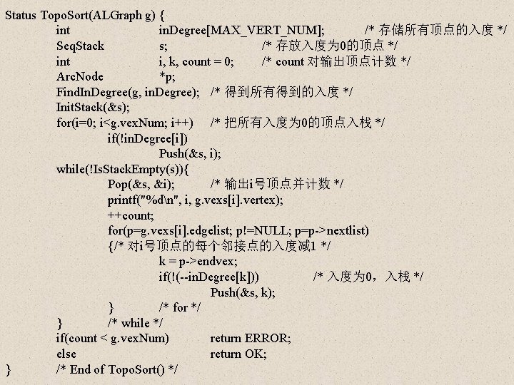 Status Topo. Sort(ALGraph g) { int in. Degree[MAX_VERT_NUM]; /* 存储所有顶点的入度 */ Seq. Stack s;