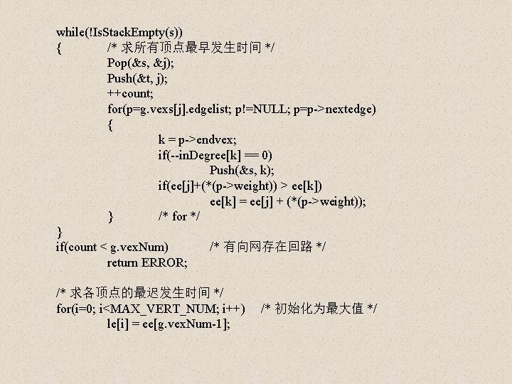 while(!Is. Stack. Empty(s)) { /* 求所有顶点最早发生时间 */ Pop(&s, &j); Push(&t, j); ++count; for(p=g. vexs[j].