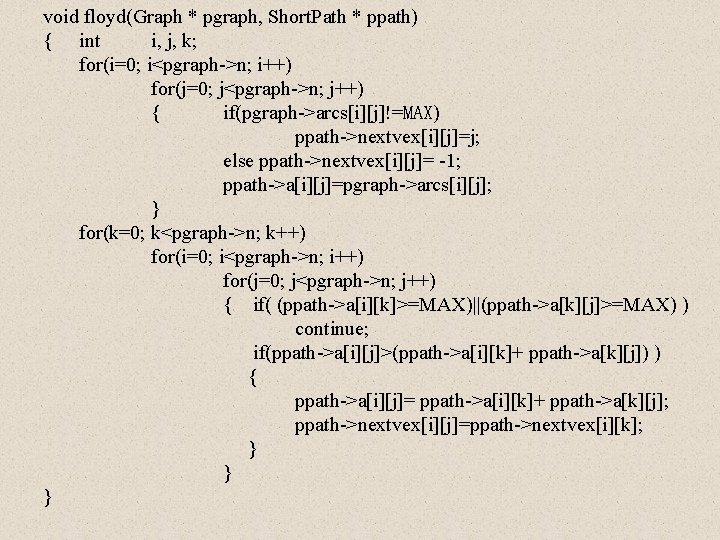 void floyd(Graph * pgraph, Short. Path * ppath) { int i, j, k; for(i=0;