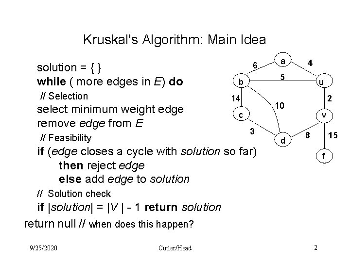 Kruskal's Algorithm: Main Idea solution = { } while ( more edges in E)