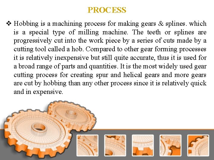 PROCESS v Hobbing is a machining process for making gears & splines. which is PROCESS v Hobbing is a machining process for making gears & splines. which is