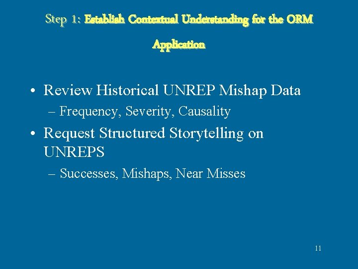 Step 1: Establish Contextual Understanding for the ORM Application • Review Historical UNREP Mishap Step 1: Establish Contextual Understanding for the ORM Application • Review Historical UNREP Mishap