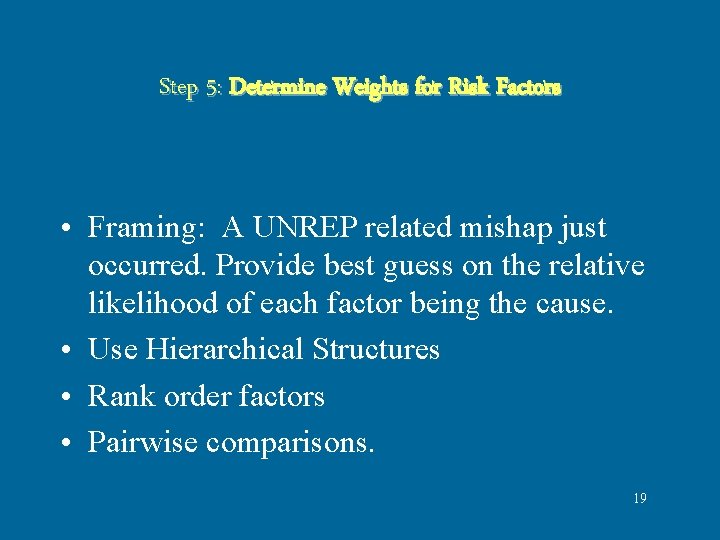 Step 5: Determine Weights for Risk Factors • Framing: A UNREP related mishap just Step 5: Determine Weights for Risk Factors • Framing: A UNREP related mishap just