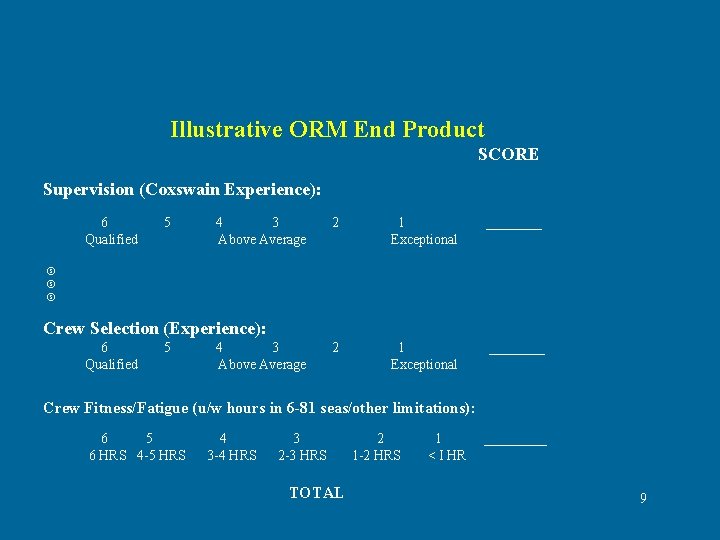 Illustrative ORM End Product SCORE Supervision (Coxswain Experience): 6 5 4 3 2 Illustrative ORM End Product SCORE Supervision (Coxswain Experience): 6 5 4 3 2