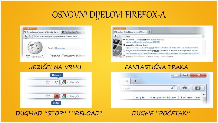 OSNOVNI DIJELOVI FIREFOX-A JEZIČCI NA VRHU DUGMAD “STOP” i “RELOAD” FANTASTIČNA TRAKA DUGME “POČETAK”