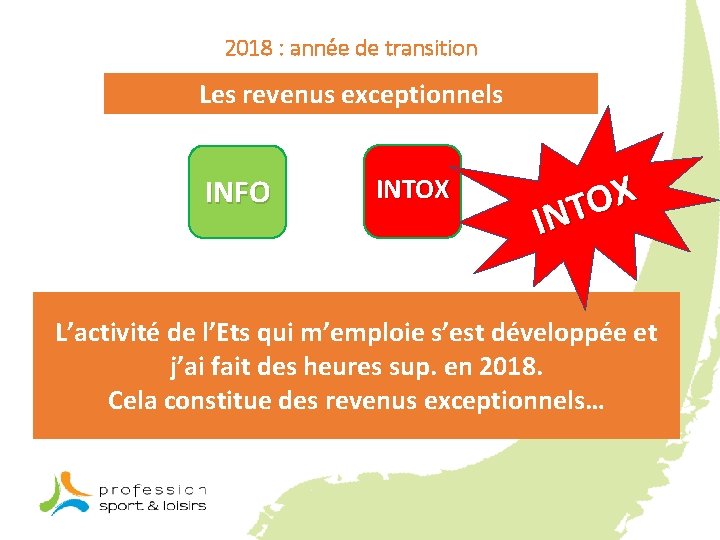 2018 : année de transition Les revenus exceptionnels INFO INTOX X O INT L’activité