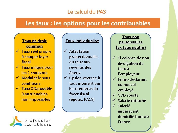 Le calcul du PAS Les taux : les options pour les contribuables ü ü